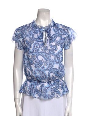Vintage Ralph Lauren Blue Paisley Flutter Sleeve Peplum Blouse Size XS